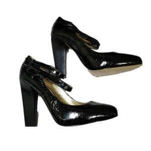 HALE BOB - Black Patent Stacked Block High Heel 4.5" Shoes 8.5